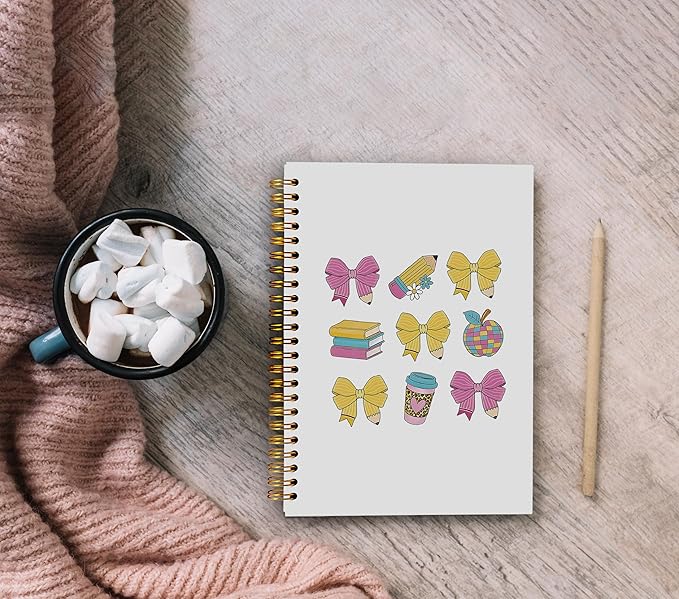 Pink and Yellow Bow Coquette Notebook Journal, Teacher Notebook, Preppy Notebook Journal for Note Taking Work, Preppy Teacher Gifts for Women, Spiral Notebook 5.5x8.3 Inch