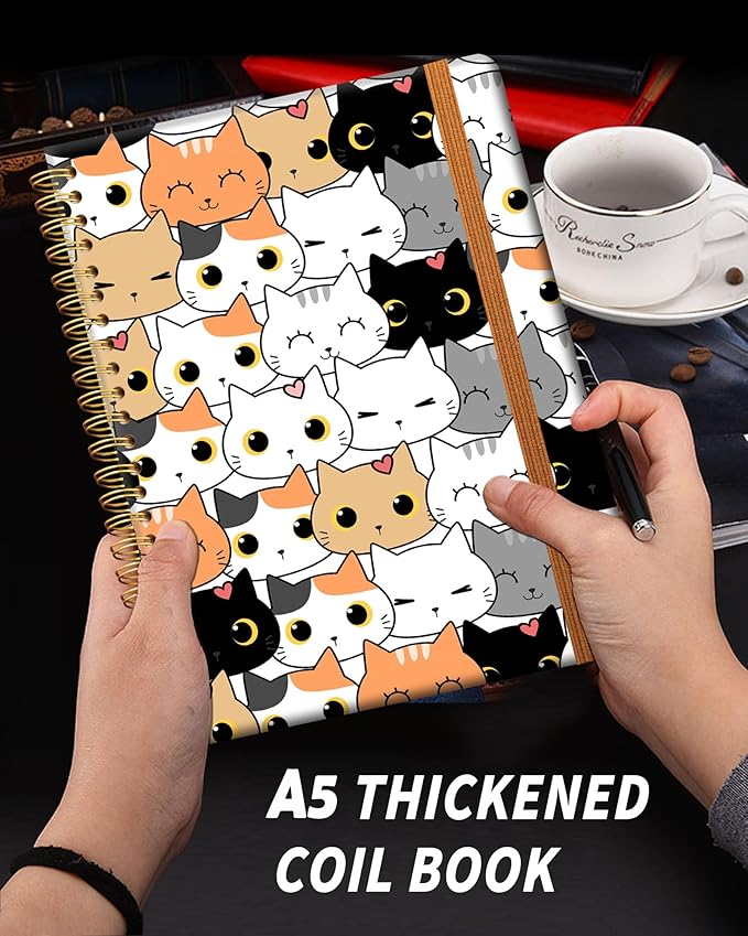Ruled Spiral Writing Notebook,A5 Hardcover Lined College Journal for Women,Strong Twin-Wire Binding with Premium Paper,8.4" X 6",Perfect for School,Office,Home(Cute Cartoon Cat)