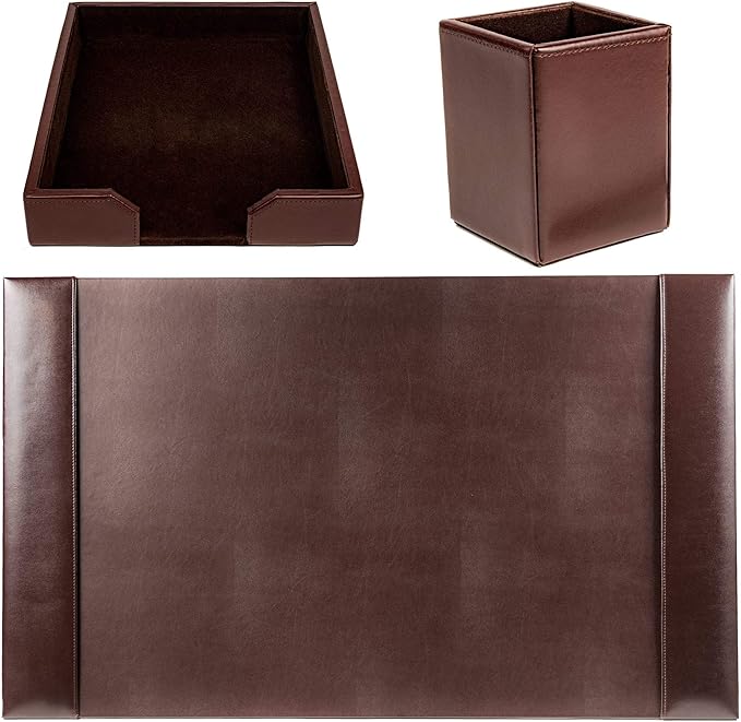 Dacasso Bonded Set Luxury Leather Desk Pad & Desk Organization Essentials, 3 Piece, Dark Brown