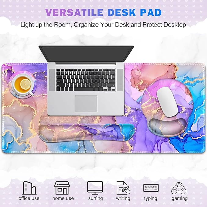 Gaming Mouse Pad, Large Desk Mat, Cute Desk Pad Protector, 4in1 XXL Mousepad + Keyboard Wrist Rest+Mouse Wrist Rest+Coaster Set with Ergonomic Desk Pad for Home Office PC Computer, Colorful Marble