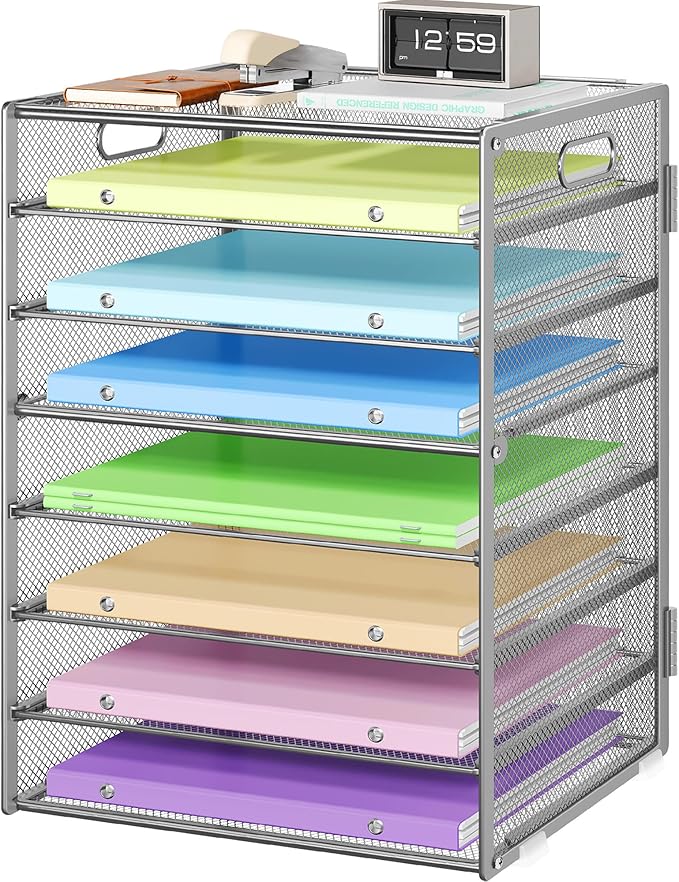 8 Tier Paper Organizer with Handle, Metal Mesh Desk File Organizer, Large Capacity Desk Organizers Paper Letter Tray Desktop Document Sorter for Office, Home or School - Silver