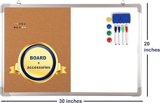Combination Whiteboard Bulletin Board Set - Dry Erase/Cork Board 30x20 in with 1 Magnetic Dry Eraser, 4 Markers, 4 Magnets and 10 Thumb Tacks - Combo Tack Board White Board for Home Office Desk