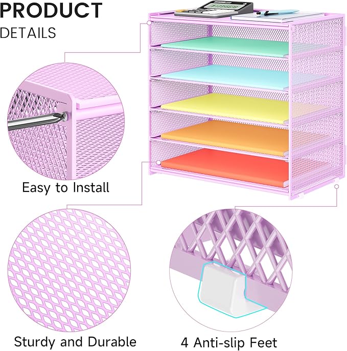 6 Tier Paper Organizer, Metal Mesh Desk File Folder, Letter Tray Organizer, Paper Sorter Desk Organizers for Office, Home or School File Folder Holder - Purple