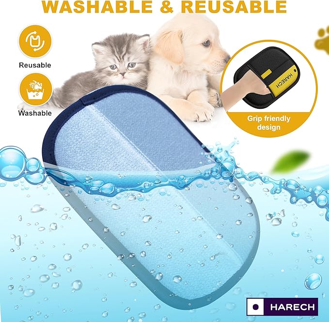 HARECH [2-Pack] Pet Hair Removal Glove Set, Black & Yellow Washable Fur Remover for Dogs & Cats, Reusable Grooming Tool with Meshed Fabric for Furniture, Sofa, Carpet