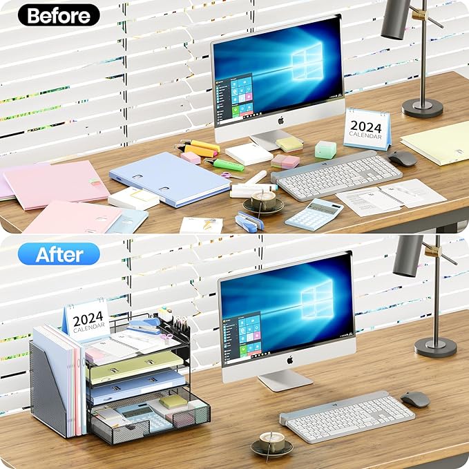 Desk Organizer and Accessories, 4-Tier Desktop File Organizer with Drawer and 2 Pen Holders, Office Desk Accessories, Workspace Organizers for Office Supplies(Black)