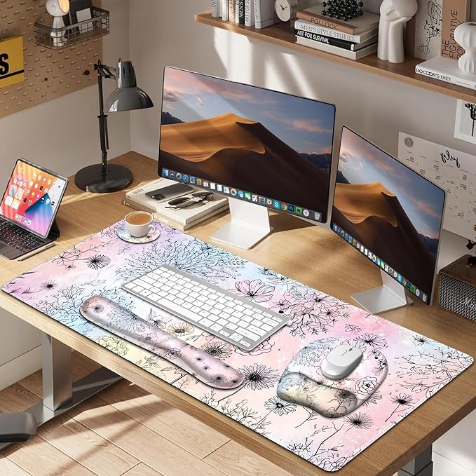 Large Mouse Pad, Keyboard Wrist Rest Set, Ergonomic Mouse Pad with Wrist Support, Desk Mat with Stitched Edges Extended Desk Pad Waterproof Desk Mat for Home Office Game I Dandelion & Sunflower