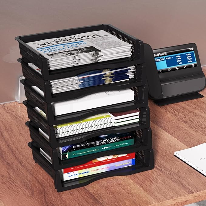 Set of 6 Plastic Letter Trays Stackable, Plastic Stackable A4 Paper Tray, Desktop File Organizer, Black