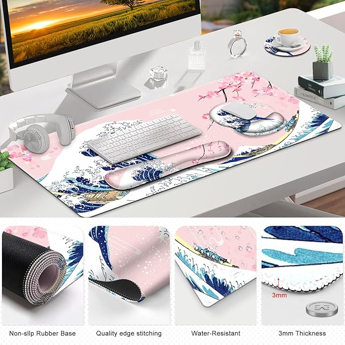 Gaming Mouse Pad, Large Desk Mat, Cute Desk Pad Protector, Pink Cherry Blossoms XXL Mousepad + Keyboard Wrist Rest+Mouse Wrist Rest+Coaster Set with Ergonomic Desk Pad, Japanese Wave of Kanagawa
