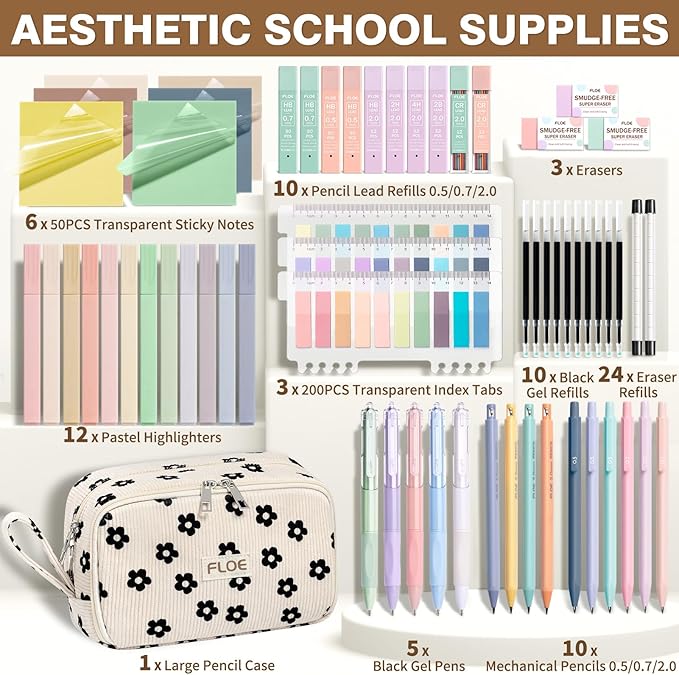 62PCS Aesthetic School Supplies, Cute Back to School Supplies College Essentials Preppy Stationary Set with Large Pencil Pouch Case, Pastel Highlighters Gel Pens Mechanical Pencils for Student Girls