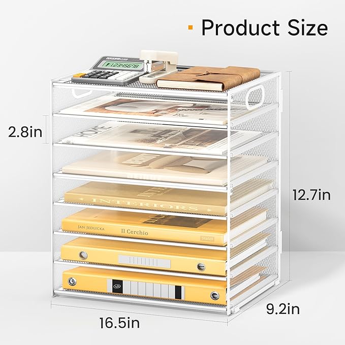 Lavatino 8-Tier Letter Tray Desk Paper Organizer, Mesh File Tray Organizer for Desk, Office Supplies & Home Organization, Fits A4 Paper, Mail, Magazines and Office Accessories (White with Handle)