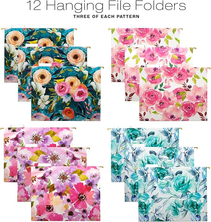 Global Printed Products Deluxe Designer Hanging File Folder Kit, Includes Metal Hanging Basket, 12 Hanging Folders, 24 File Folders, 1/3 Cut Tab, Assorted Positions, Letter Size (Floral)