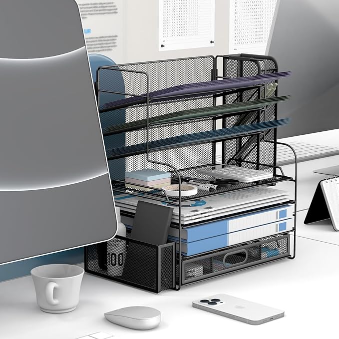 7 Tier Desk File Organizer Office Storage Desk Accessories, Desktop Organizer for Office Supplies with Drawer and 2 Pen Holders (Black)