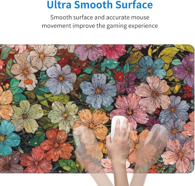 Colorful Flowers Large Mouse Pad, Watercolor Floral Gaming Desk Mat, XL Keyboard Desk Pad Mat for Desktop, 31.5"x11.8" Non-Slip Base Big Mousepad with Stitched Edges