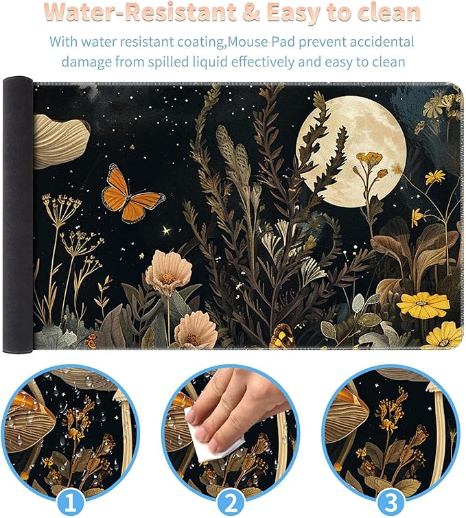 Desk Mat Large Gaming Mouse Pad (31.5x11.8 inch) with Stitched Edges, XL Mouse Pad +Coaster, Extended Mouse Mat Keybroad Mousepad Non-Slip Rubber for Gamer Men Women, Autumn Mushrooms Moon