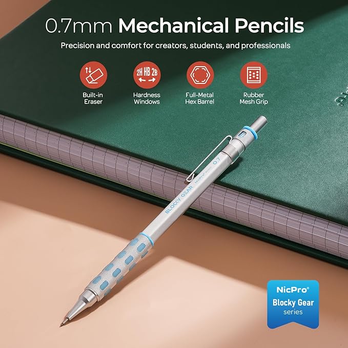 Nicpro Blocky Gear 0.7 mm Mechanical Pencils Set in Case, Metal Pencil with Lead Refills, Eraser for Professional & Adult Art Writing Drafting Drawing
