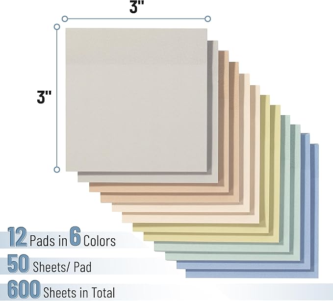 Mr. Pen- Sticky Notes, 3”x3”, 12 Pads, 600 Sheets, Colorful Sticky Notes 3x3, Whispers of Nature