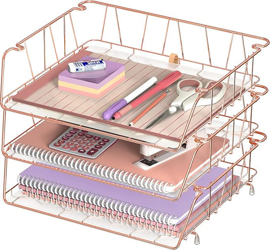 SimpleHouseware Stackable Wide Entry Desk File Document Letter Tray with Liner, Wire Grid, 3 Packs, Rose Gold