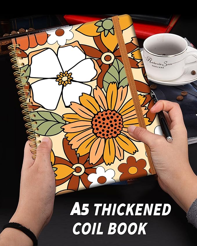 Ruled Spiral Writing Notebook,A5 Hardcover Lined College Journal for Women,Strong Twin-Wire Binding with Premium Paper,8.4" X 6",Perfect for School,Office,Home(White Orange Daisy)