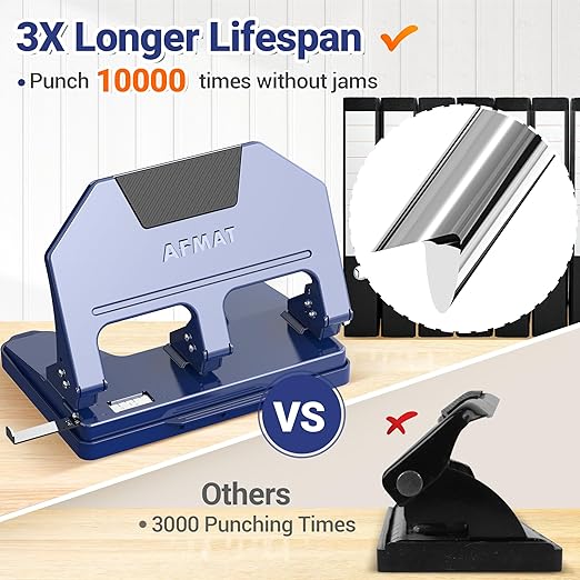 AFMAT HPX3 Heavy Duty 3 Hole Punch, 40-Sheet 3 Hole Puncher for Binder, Metal Three Hole Punch w/ 10,000+ Uses, 50% Reduced Effort, Bulit-in S.S. Paper Guide, Large Chip Tray, Blue