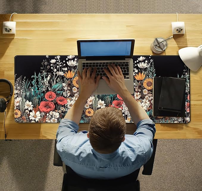 Cute Watercolor Floral Desk Pad Mouse Pad Full Moon Daisy Desk Mat XL Large Extended Anime Gaming Mousepad 31.5''x11.8'', Aesthetics Women Office Decor Matt Keyboard Mouse Mat with Stitched Edges