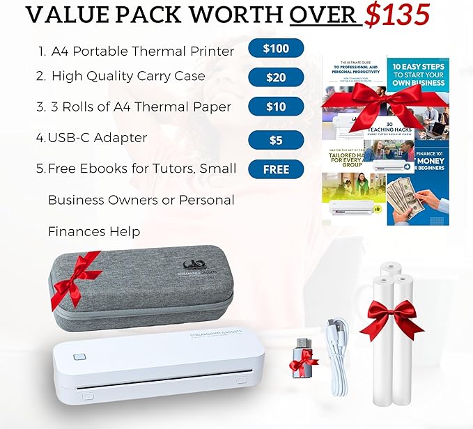 2025 Portable Wireless Inkless Thermal Printer – Bluetooth Mobile Printer for iPhone, Android, Laptop, Tablet for Home and School– 8.5”x11” w/Free Shockproof Case & 3 Rolls Thermal Paper