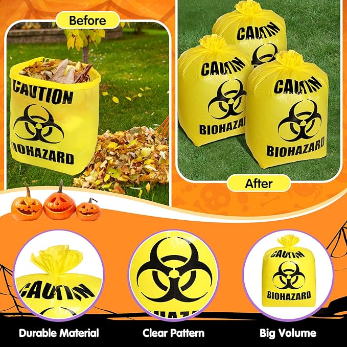 Qilery 8 Pcs Large Halloween Leaf Trash Bags Outdoor Plastic Lawn Waste Bags Biohazard Party Trash Bag Halloween Garden Outdoor Biohazard Zombie Party Decorations