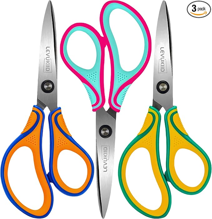 6.5-Inch Kids Scissors for Ages 8-12,pointed tip child scissors, Three Color Handles, Craft Cutting Tool