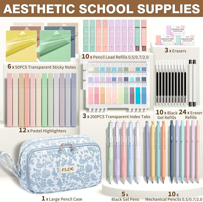62PCS Aesthetic School Supplies, Cute Back to School Supplies College Essentials Preppy Stationary Set with Large Pencil Pouch Case, Pastel Highlighters Gel Pens Mechanical Pencils for Student Girls