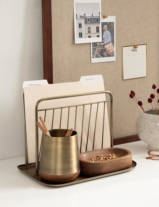 Kate and Laurel Koni Modern Three-Piece Home Office Organization Set, 13 x 8 x 9, Walnut Brown and Antique Brass, Wood and Metal Organizational Set for Office with File Folder Holder