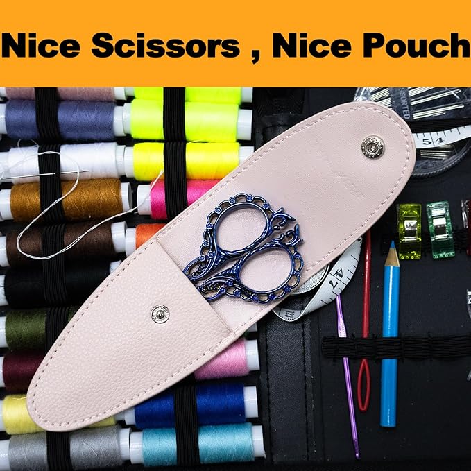 4.7 INCH Small Sewing Scissors,Embroidery Scissors With Cover,Sharp pointed tip,Travel Scissors In A Pouch,Mini Stainless Steel Crochet Scissors for Craft Art Work Color BLUE