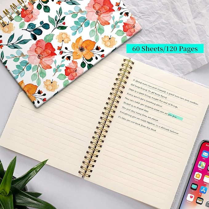 Spiral Notebook Journal for Women Men, A5 Hardcover Journal, 120 Pages Thick Paper, College Ruled Writing Notebook for School, Work & Office 8.3'' × 5.9''(Colorful Floral)