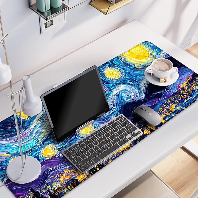 Vincent Van Gogh Starry Night Inspired Mouse Pad – Thicker 31.5" x 11.8" Extended Desk Mat with Dreamy Galaxy and Village Nightscape, Non-Slip Base & Smooth Surface for Office & Gaming