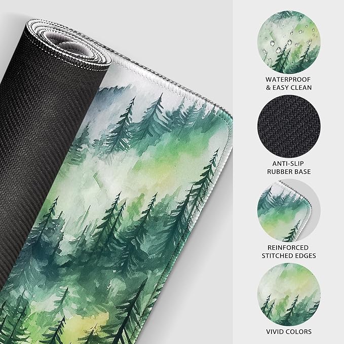 Misty Forest Mountain Large Gaming Mouse Pad 31.5"x15.7"｜XXL Desk Mat, Non-Slip Rubber Base & Stitched Edges - Extended Waterproof Mousepad for PC/Laptop/Office/Home Decor