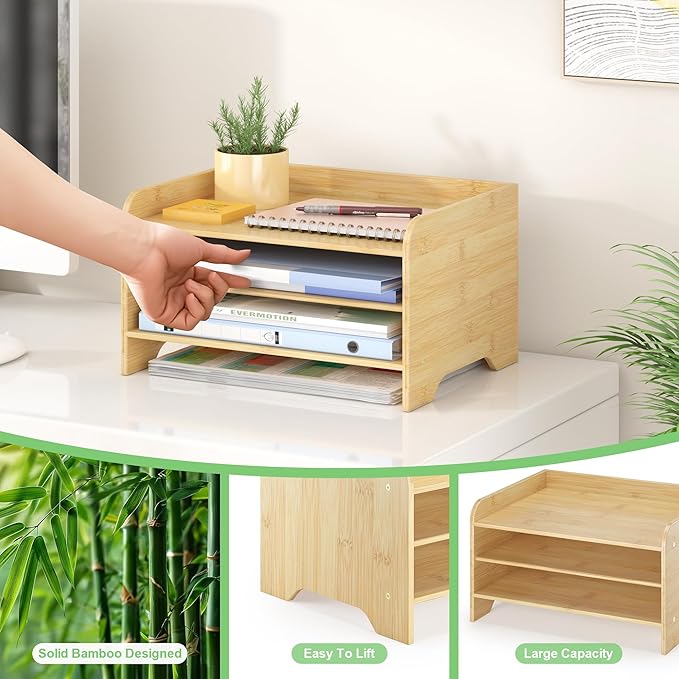 Bamboo Desk Organizer Mail Holder Countertop Letter Tray File Organizer for Desk Letter Sorter Paper File Storage for School Home Office Supplies