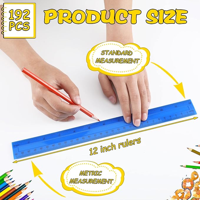 Teling 192 Pack Rulers Bulk for Classroom Transparent Colorful Metric Rulers with Inches and Centimeters 8 Colors for Kids Back to School Supplies(12 Inch)