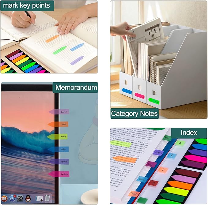 Golcellia 1200 Pieces Sticky Tabs Page Markers, Book Tabs Arrow Flags Colored Writable and Repositionable Book Markers, (10 Colors, 6 Sets) Book Annotation Tabs Supplies