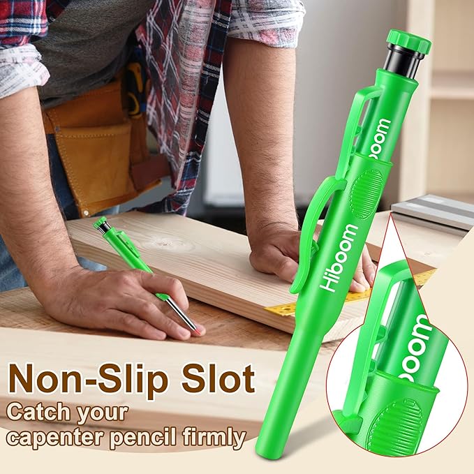 Hiboom 2 Pack Solid Carpenter Pencils with Pencil Cap and 18 Refills, Long Nose Deep Hole Mechanical Pencil Marker, Scribe Tool with Built-in Sharpener for Construction Woodworking Architect (Green)