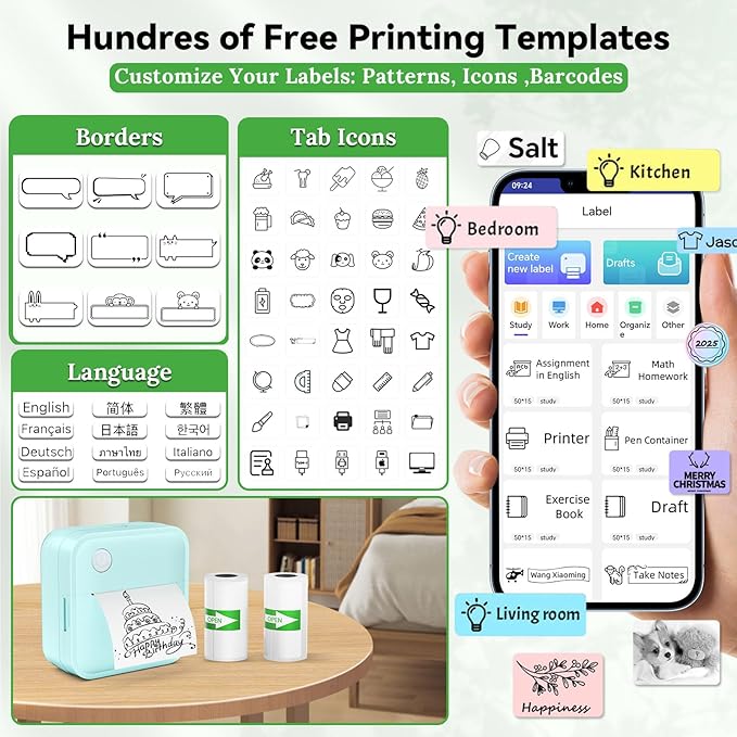 Label Maker Machine with Tape - Mini Sticker Printer Bluetooth Label Printer for Home Office Organization, Portable Thermal Sticker Maker Print Pod with Multiple Templates for Phone