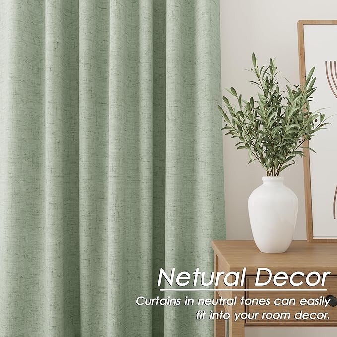 Light Sage Linen Curtains 90 inch Length 2 Panels Set for Bedroom Thermal Insulated 100% Blackout Linen Drapes Back Tab Neutral Rustic Modern Farmhouse Room Darkening Curtain 52x90