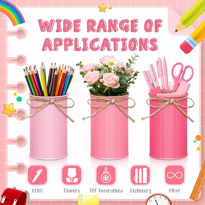 Domensi 6 Pcs Pink Pen Holder Cup for Desk Pencil Holder Marker Pen Metal Organizer Wedding Table Centerpiece Small Galvanized Metal Tin Vases for Artificial Flowers Office Stationery Storage