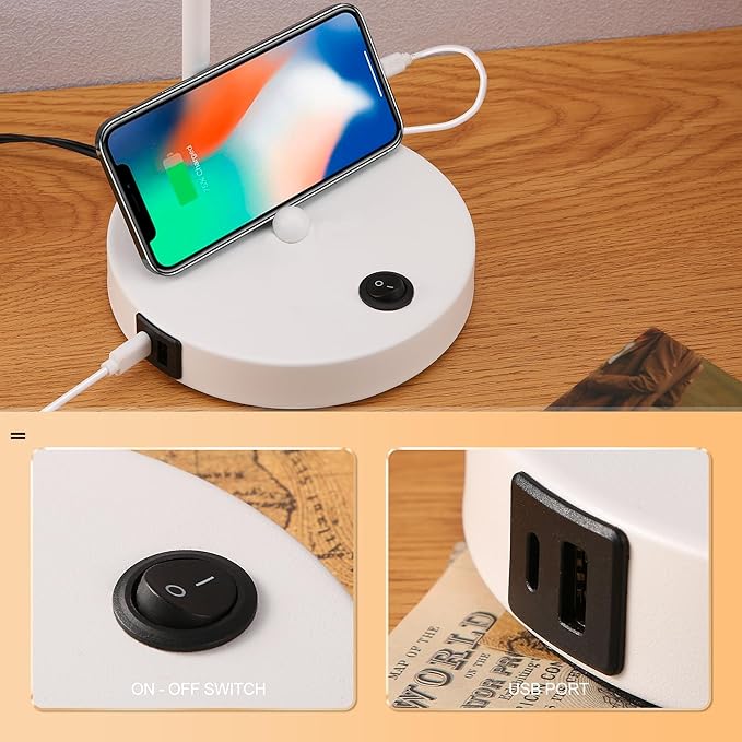 LED Desk Lamp with Dual USB Charging Ports, 100% Metal, 270° Swivel Arms, Soft White Light (3000K), Bedside Reading Lamp, Home Office Lamp(White)