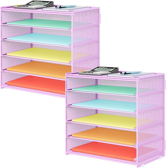 2 Pack 6 Tier Paper Organizer, Metal Mesh Desk File Folder, Letter Tray Organizer, Paper Sorter Desk Organizers for Office, Home or School File Folder Holder - Purple