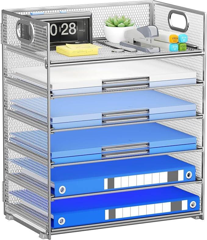 6 Tier Paper Organizer for Desk File Organizer with Handle Mesh Paper Letter Tray Organization for Desktop Document Holder for Office, Home & School-Silver