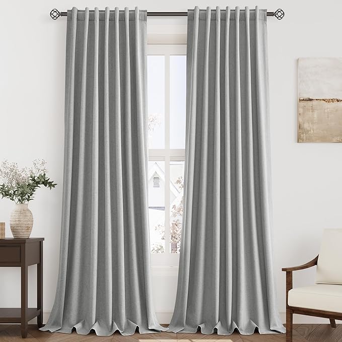 Blackout Charcoal Linen Curtains 96 Inches Long Back Tab Heat Reflective Full Light Block Out Curtain 2 Panels for Bedroom Window Textured Long Draperies with Liner Floor to Ceiling Length 52x96