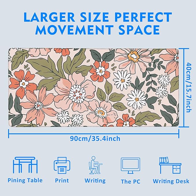 Art Colorful Florals Extended Large Mouse Pad,Large Gaming Mouse Pad,Extended Big Desk Mat Keyboard Pad,Waterproof Non-Slip Desk Mat for Home Office and Gaming 35.4x15.7 Inch