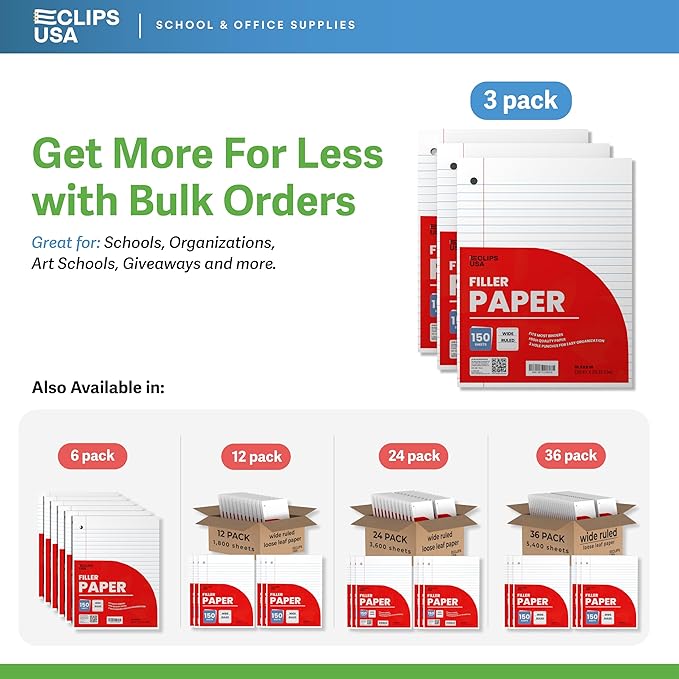 Wide Ruled Notebook Paper, Loose Leaf Paper, 10.5” x 8” Filler Paper, 56 gsm, 450 Sheets,150 Sheet Per Pack (3 Pack)
