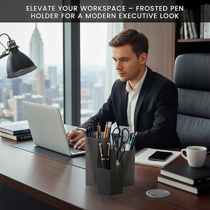 Black Pen Holder for Desk | 3 Compartment Organizer Desk for Pen, Pecils, Makeup Brushes, Tooth Brushes | Cute Pencil Cup Desk Organizers and Accessories for Office, Home, Classroom, Teacher Desks