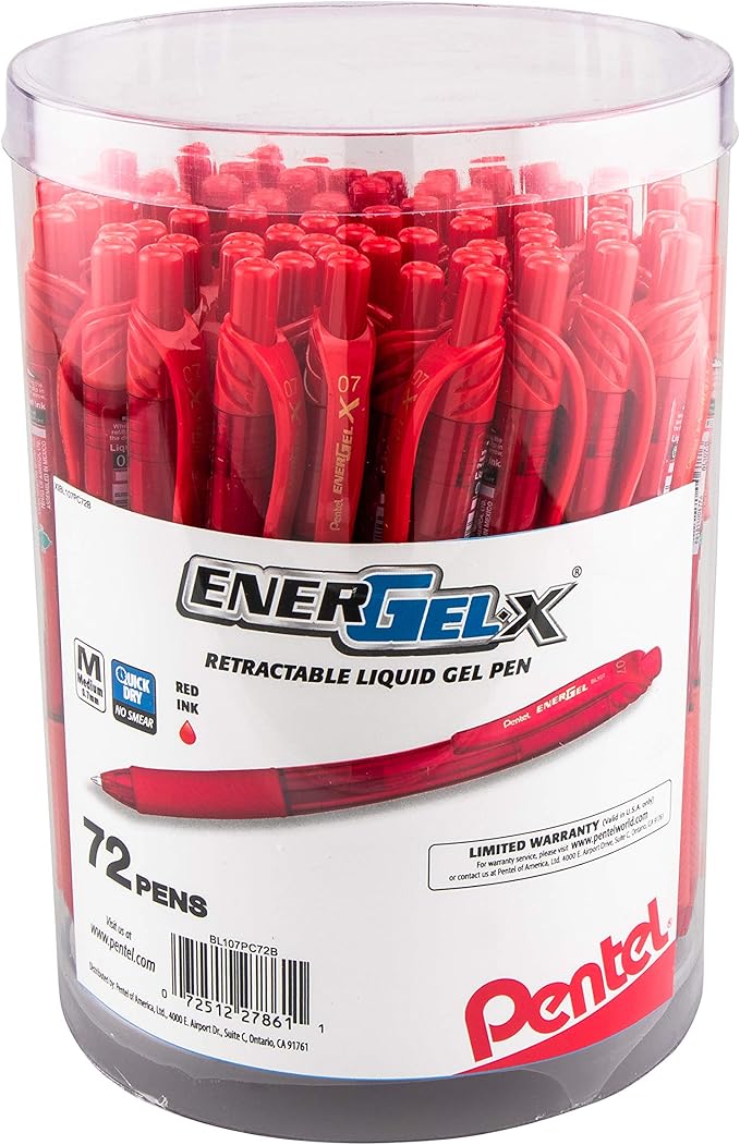 Pentel EnerGel-X Retractable Gel Pen, (0.7mm) Med. Line, Red Ink, 72-PK Canister (BL107PC72B)