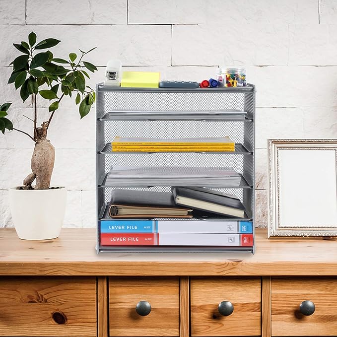 Samstar Paper Letter Tray, Metal Desk File Organizer with 5 Tier Shelf and Sorter,Silver
