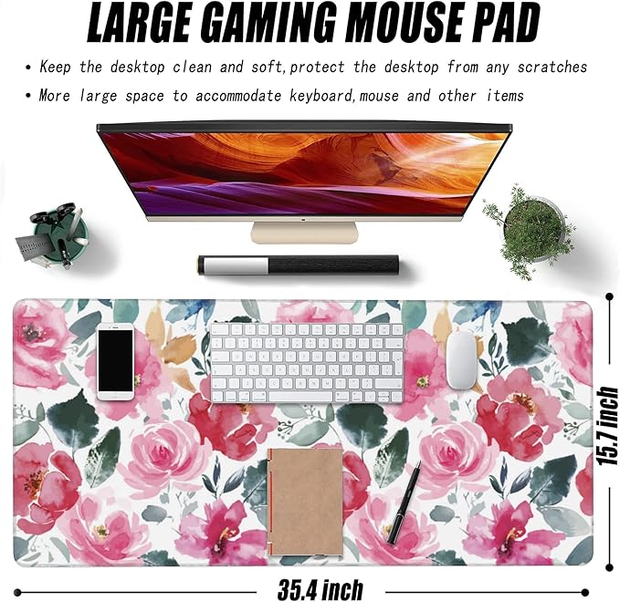 Large Gaming Mouse Pad for Desk,Watercolor Pink Flowers and Green Leaves Desk Mat for Desktop,Non-Slip Rubber Base Stitched Edge Long Computer Keyboard Mouse Mat Desk Pad for Home Office 35.4"X15.7"